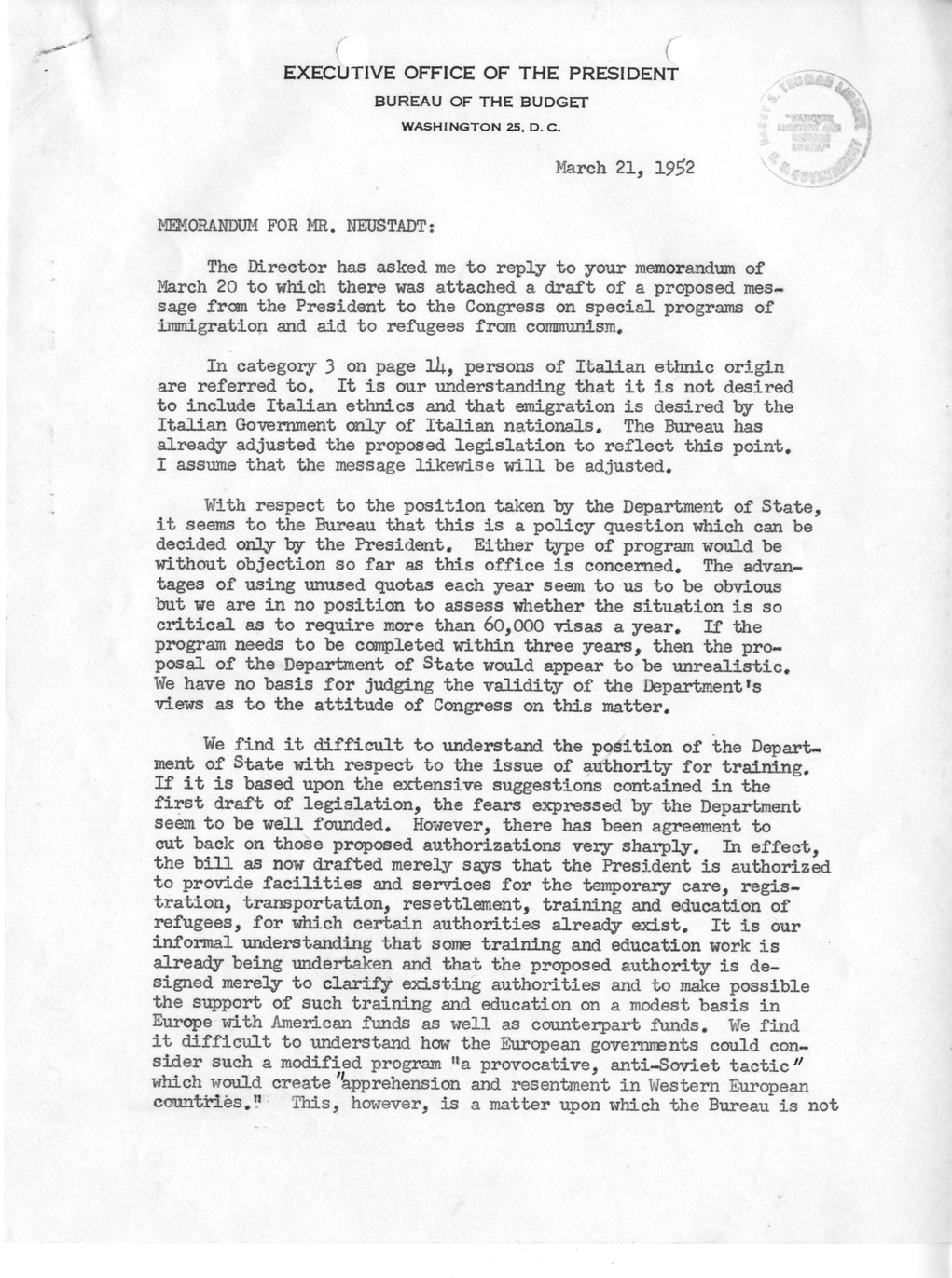 Memorandum from Roger Jones to Richard Neustadt