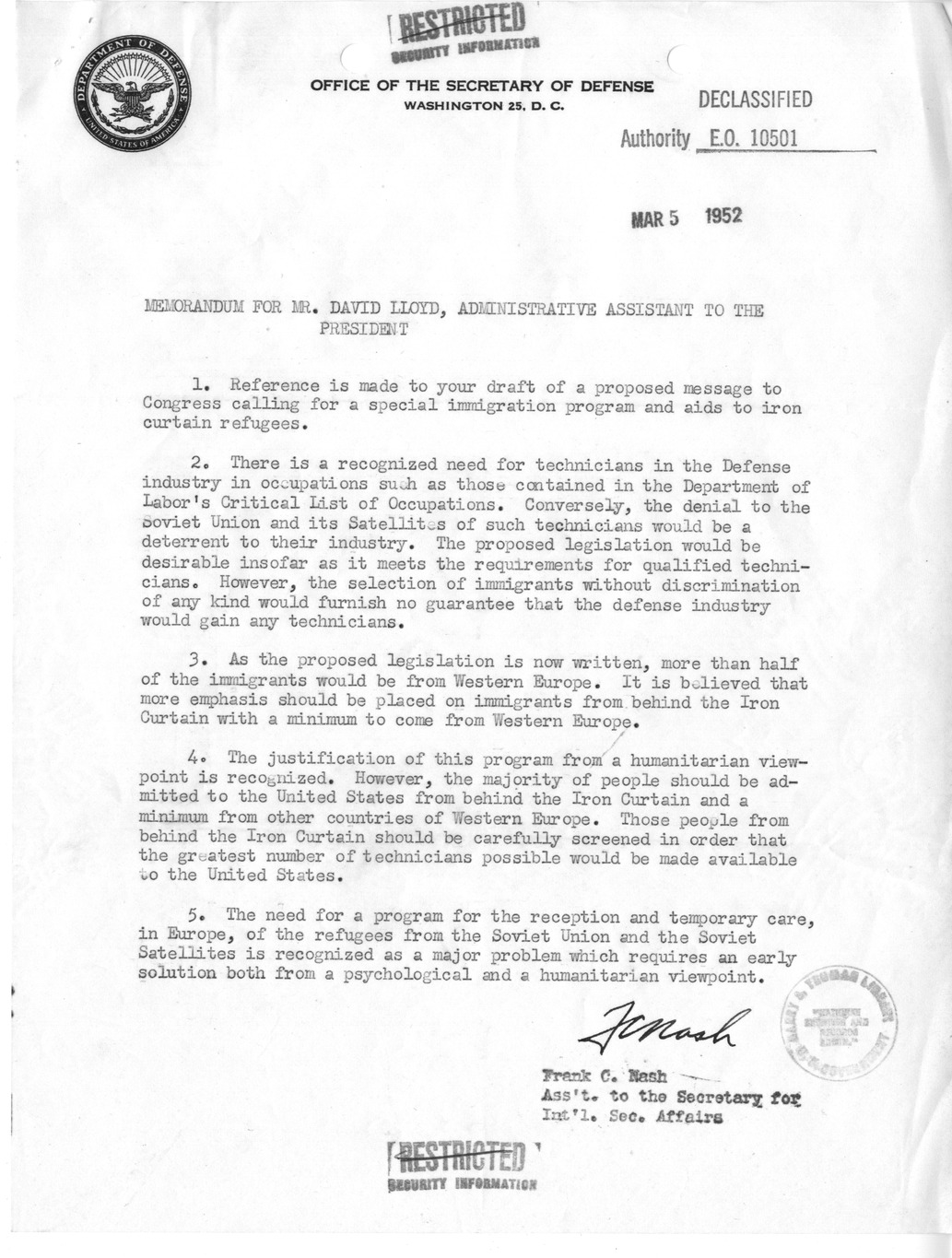 Memorandum from Frank Nash to David Lloyd