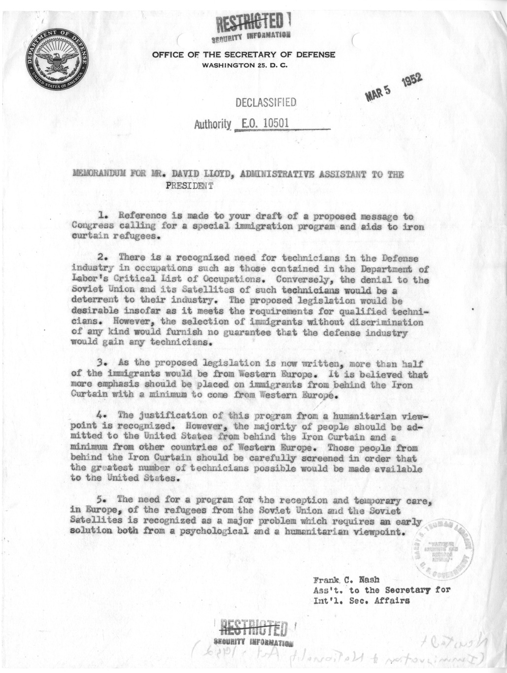 Memorandum from Frank Nash to David Lloyd