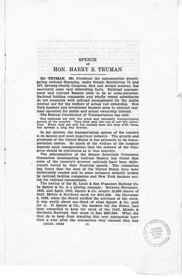 Speech of Senator Harry S. Truman, "Railroad Financing"