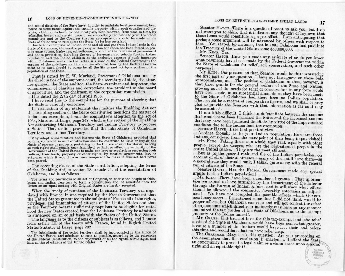 Hearing Before the Committee of Indian Affairs United States Senate Seventy-Fifth Congress, "Loss of Revenue - Tax Exempt Indian Lands"