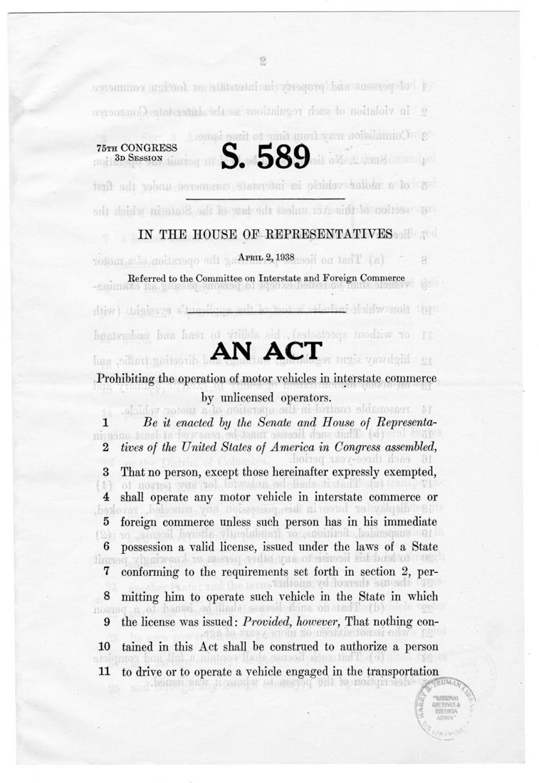 S.589 - An Act Prohibiting the Operation of Motor Vehicles in Interstate Commerce by Unlicensed Operators