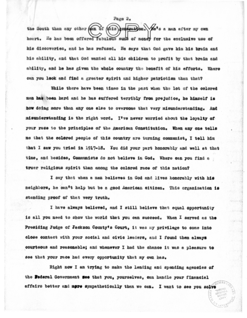 Speech of Senator Harry S. Truman to the Twenty-Fifth Anniversary Meeting of the National Alliance of Postal Employees at Lincoln High School, Kansas City, Missouri