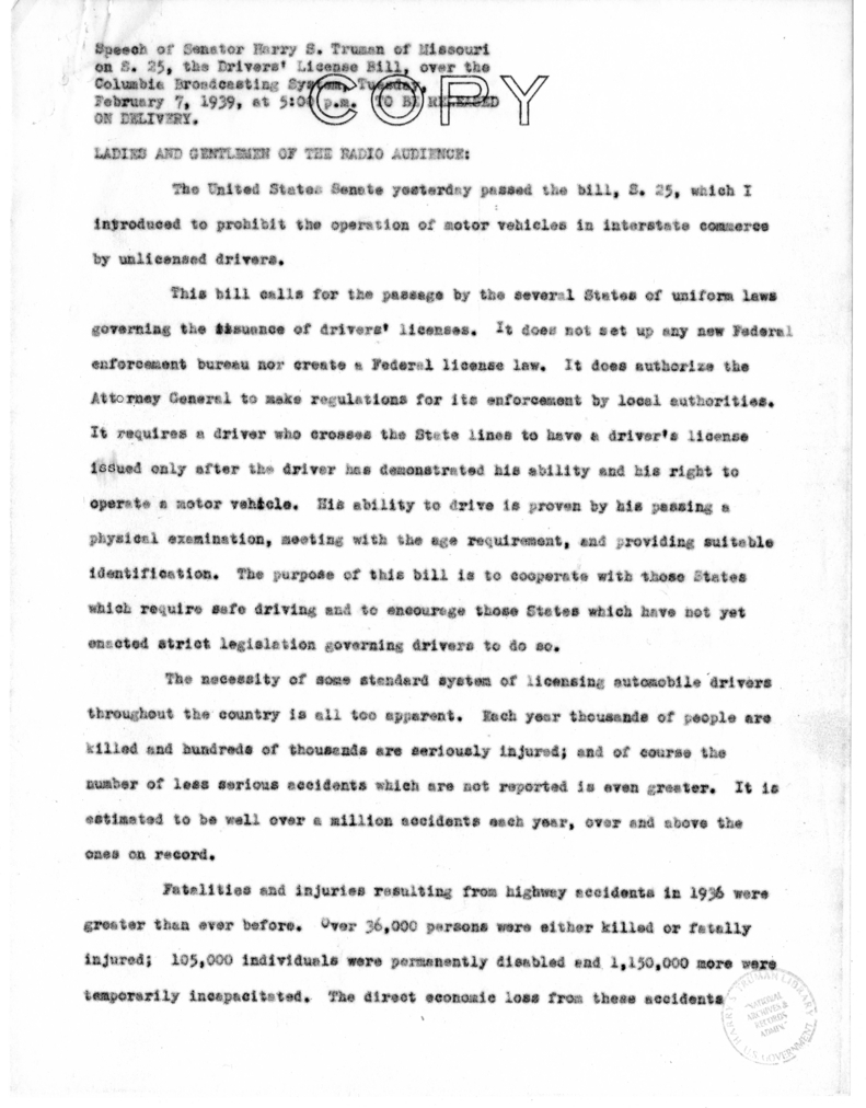 Speech of Senator S. Truman on S. 25, the Drivers' License Bill, Over the Columbia Broadcasting System