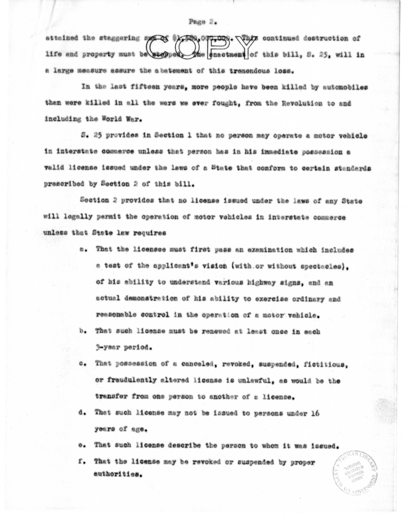 Speech of Senator S. Truman on S. 25, the Drivers' License Bill, Over the Columbia Broadcasting System