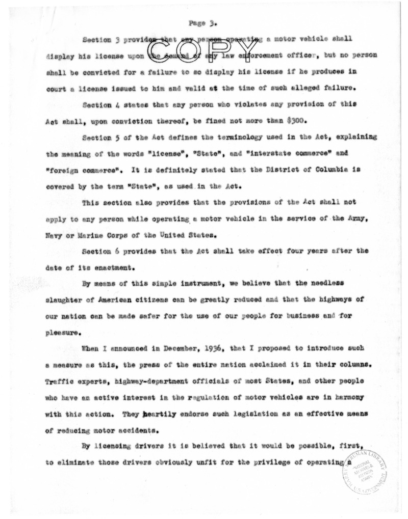 Speech of Senator S. Truman on S. 25, the Drivers' License Bill, Over the Columbia Broadcasting System