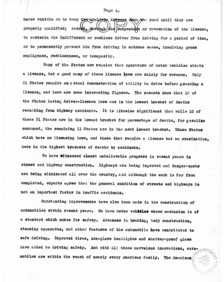 Speech of Senator S. Truman on S. 25, the Drivers' License Bill, Over the Columbia Broadcasting System