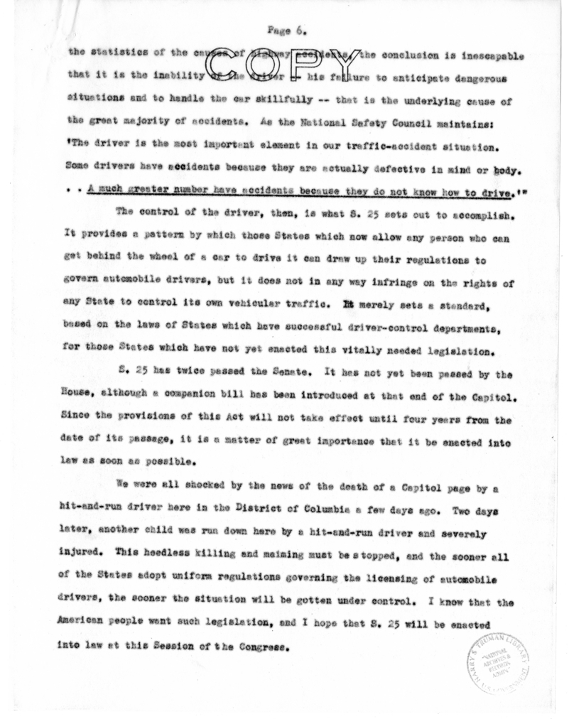 Speech of Senator S. Truman on S. 25, the Drivers' License Bill, Over the Columbia Broadcasting System