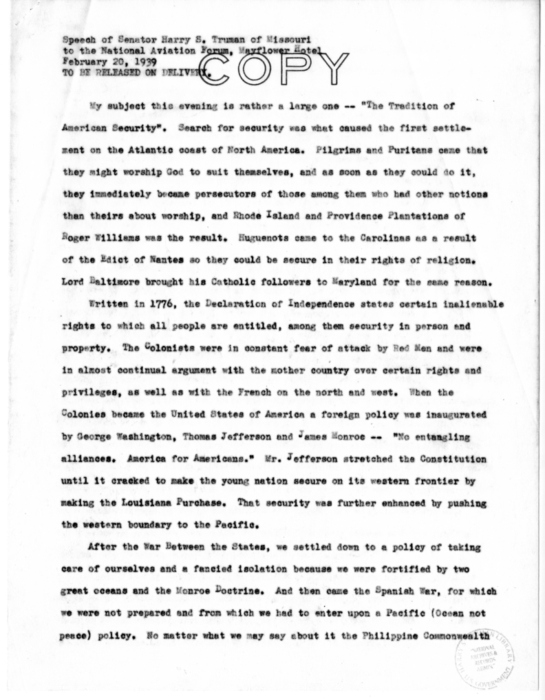 Speech of Senator Harry S. Truman Before the National Aviation Forum, Washington, D.C.