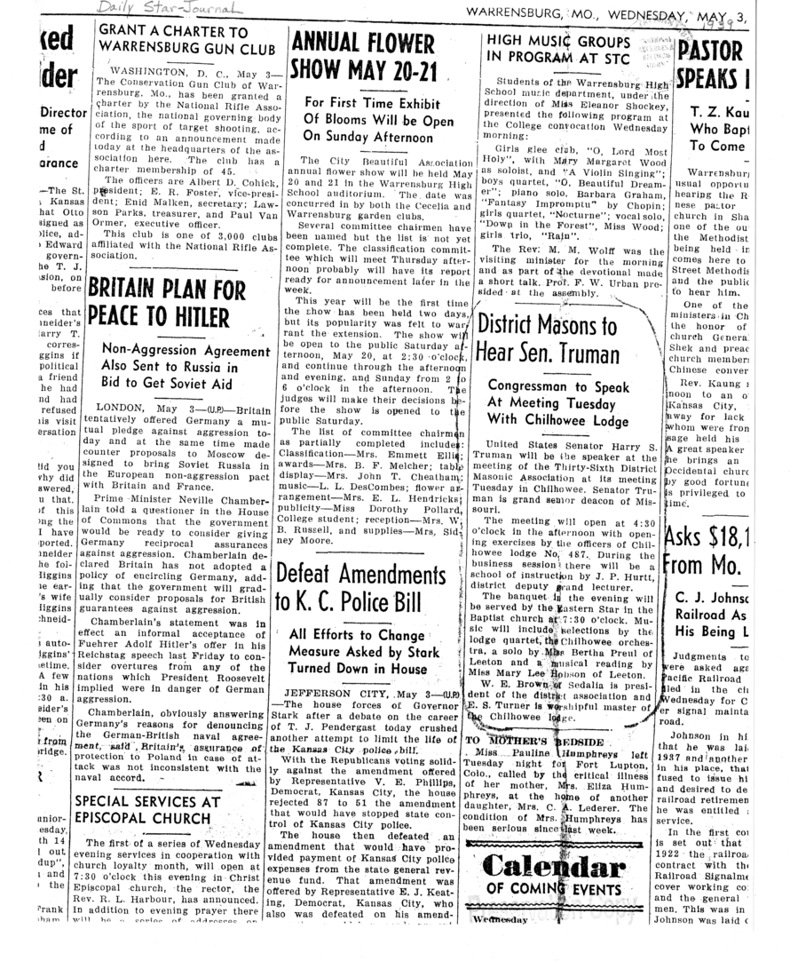 Newspaper Clipping, "District Masons to Hear Sen. Truman," Warrensburg (Missouri) Daily Star-Journal