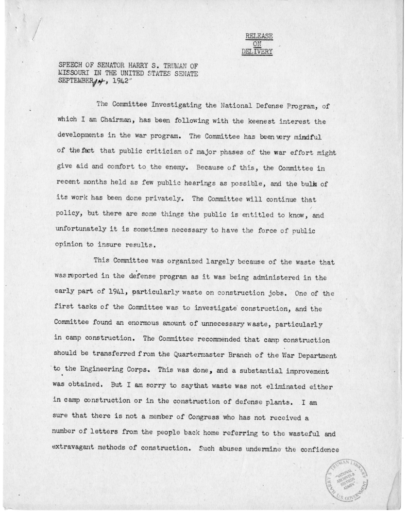 Speech of Senator Harry S. Truman in the United States Senate