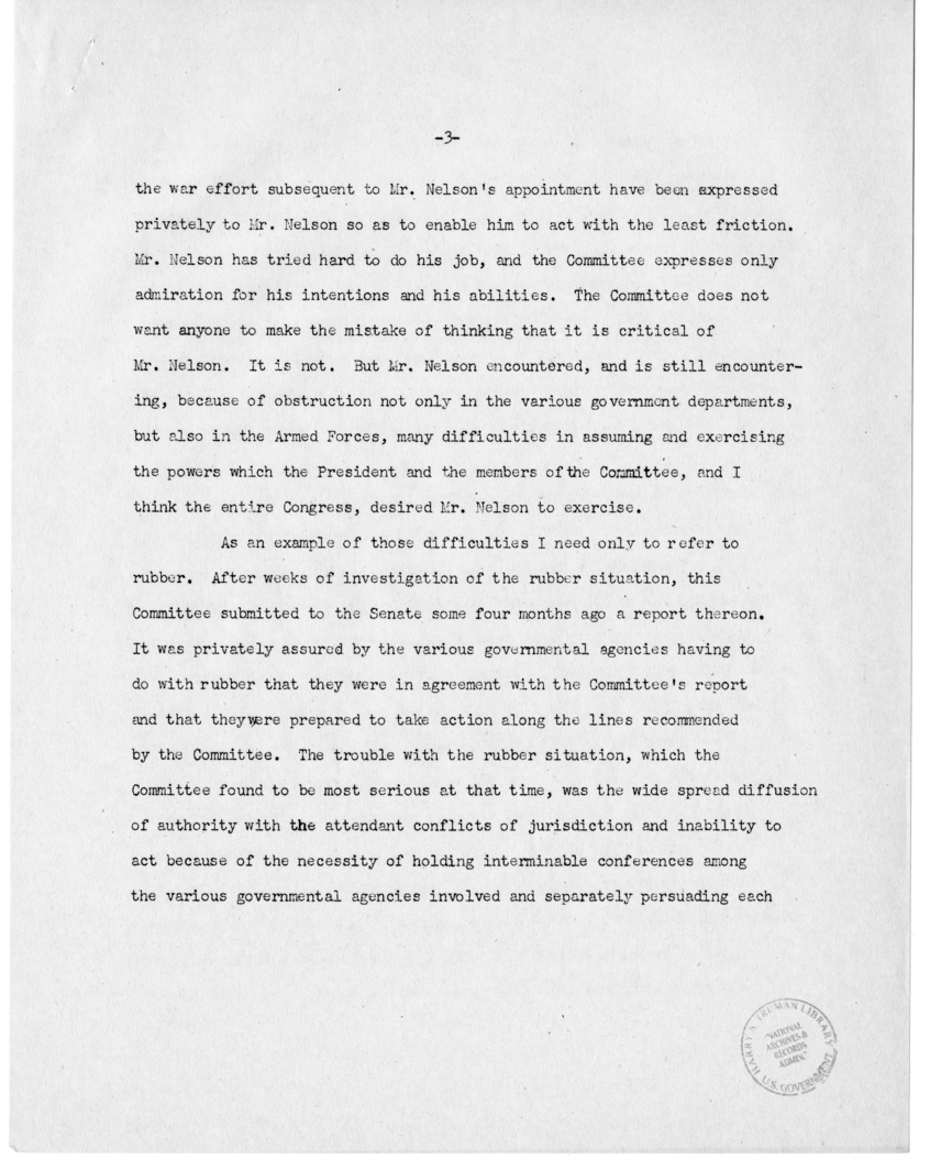 Speech of Senator Harry S. Truman in the United States Senate