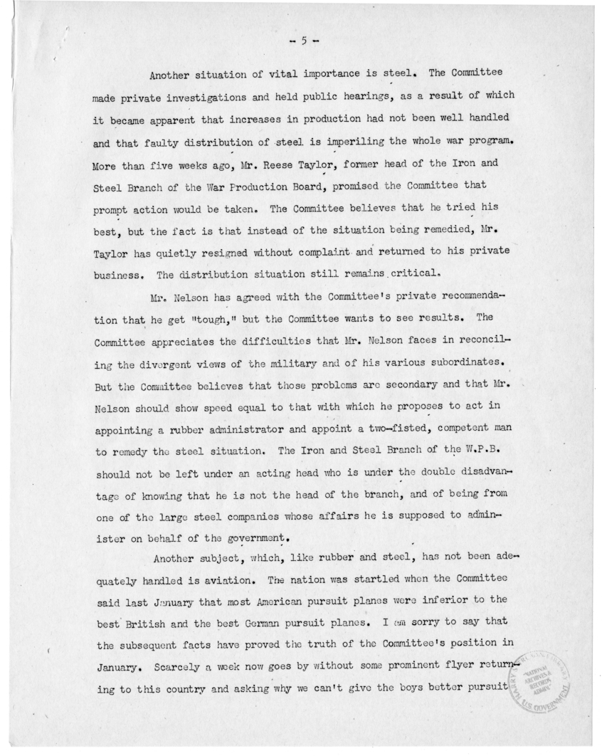 Speech of Senator Harry S. Truman in the United States Senate