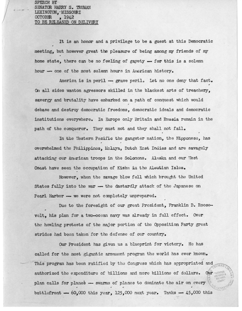 Speech of Senator Harry S. Truman, Lexington, Missouri