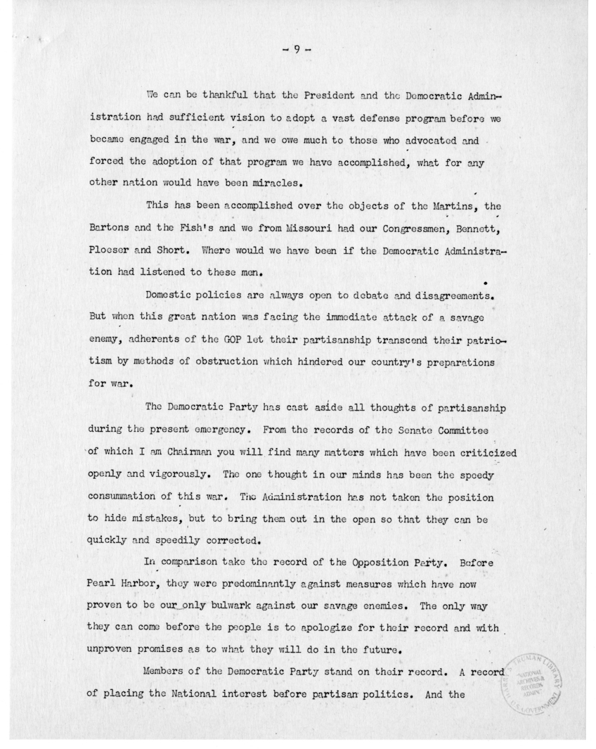 Speech of Senator Harry S. Truman in Jackson County, Missouri