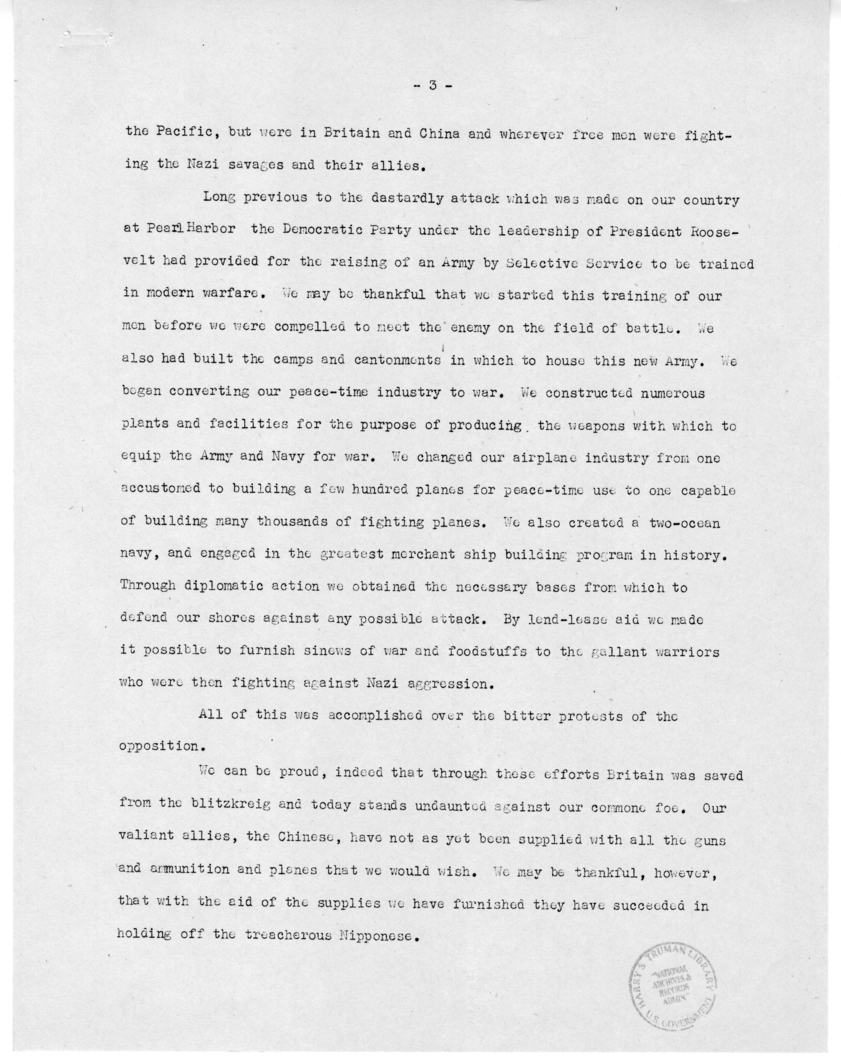 Speech of Senator Harry S. Truman Before the "Victory Dinner" Under the Auspices of the Oklahoma Democratic STate Committee, Oklahoma City, Oklahoma