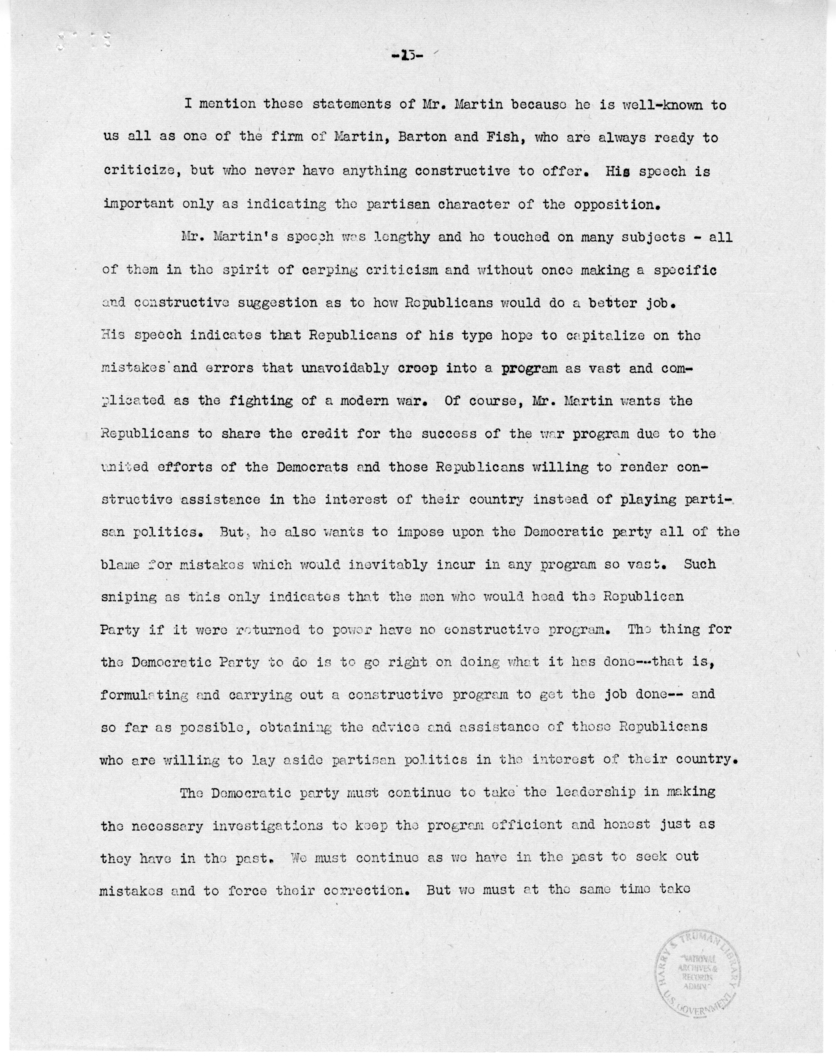 Speech of Senator Harry S. Truman Before the "Victory Dinner" Under the Auspices of the Oklahoma Democratic STate Committee, Oklahoma City, Oklahoma