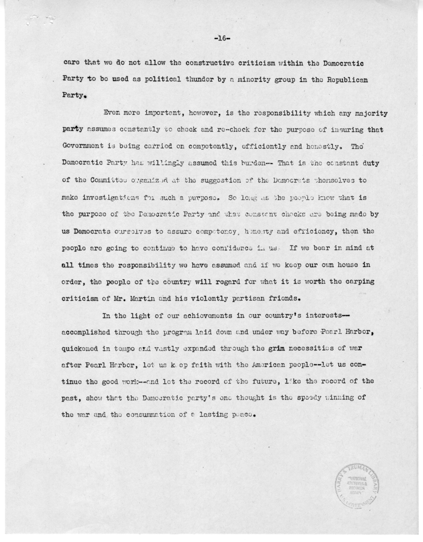 Speech of Senator Harry S. Truman Before the "Victory Dinner" Under the Auspices of the Oklahoma Democratic STate Committee, Oklahoma City, Oklahoma