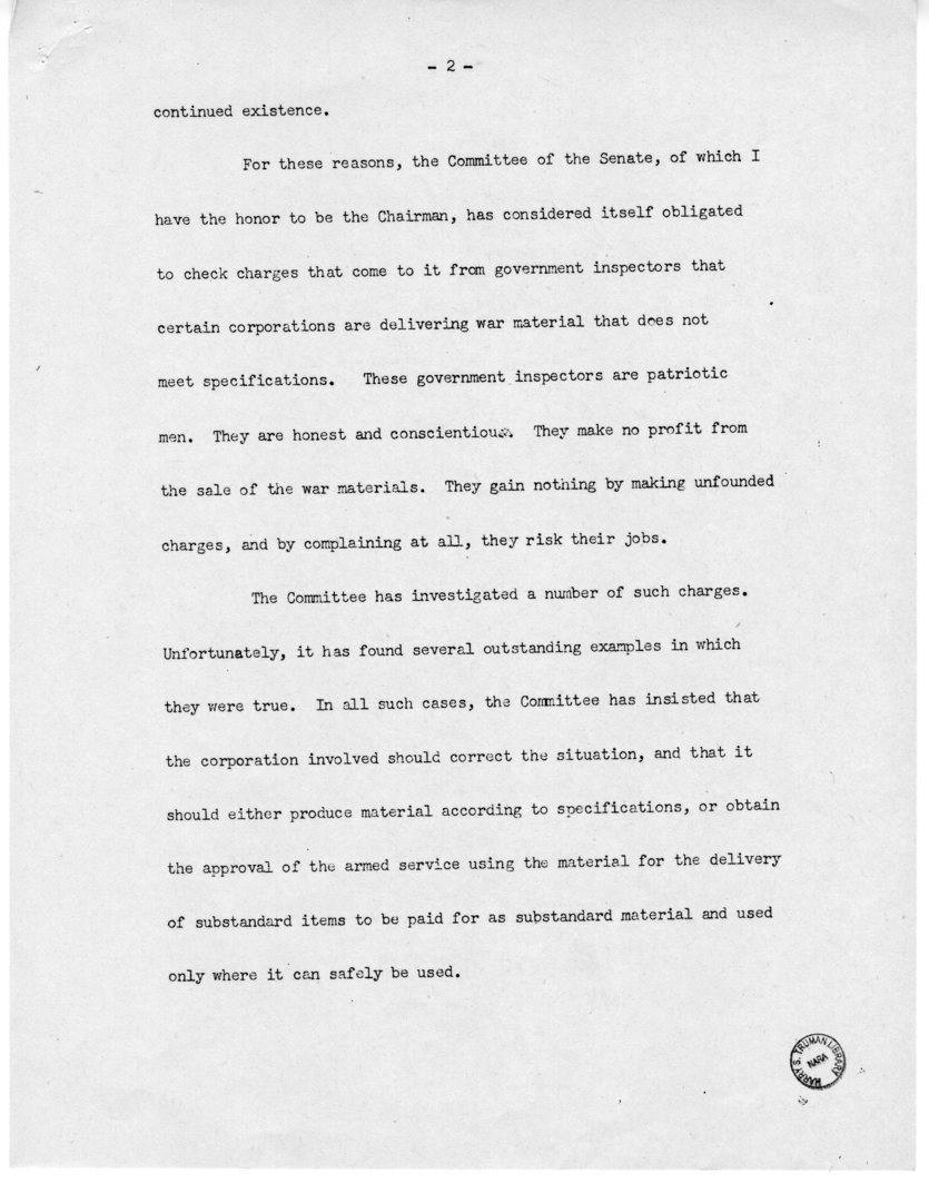 Speech of Senator Harry S. Truman Delivered over the Blue Network, Shenandoah, Iowa