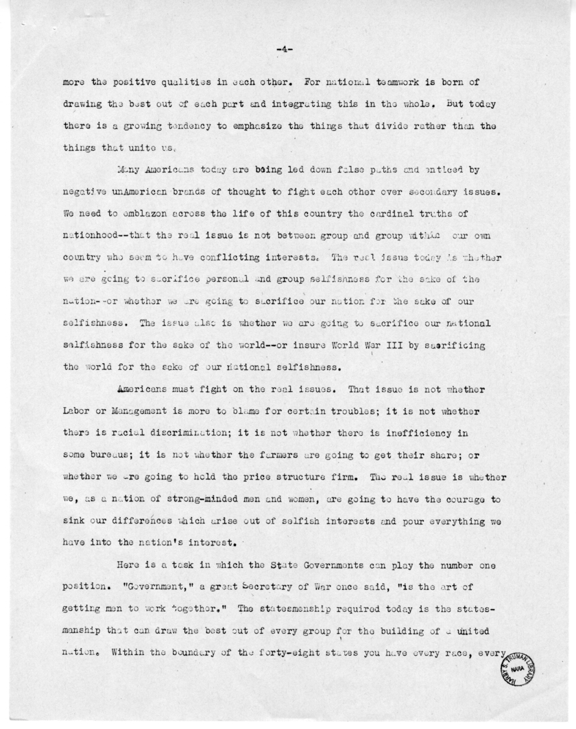 Speech of Senator Harry S. Truman to be Delivered Before the National Association of Secretaries of State at St. Louis, Missouri