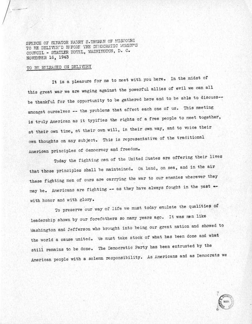 Speech of Senator Harry S. Truman Delivered Before the Democratic Women's Council, Washington, D.C.