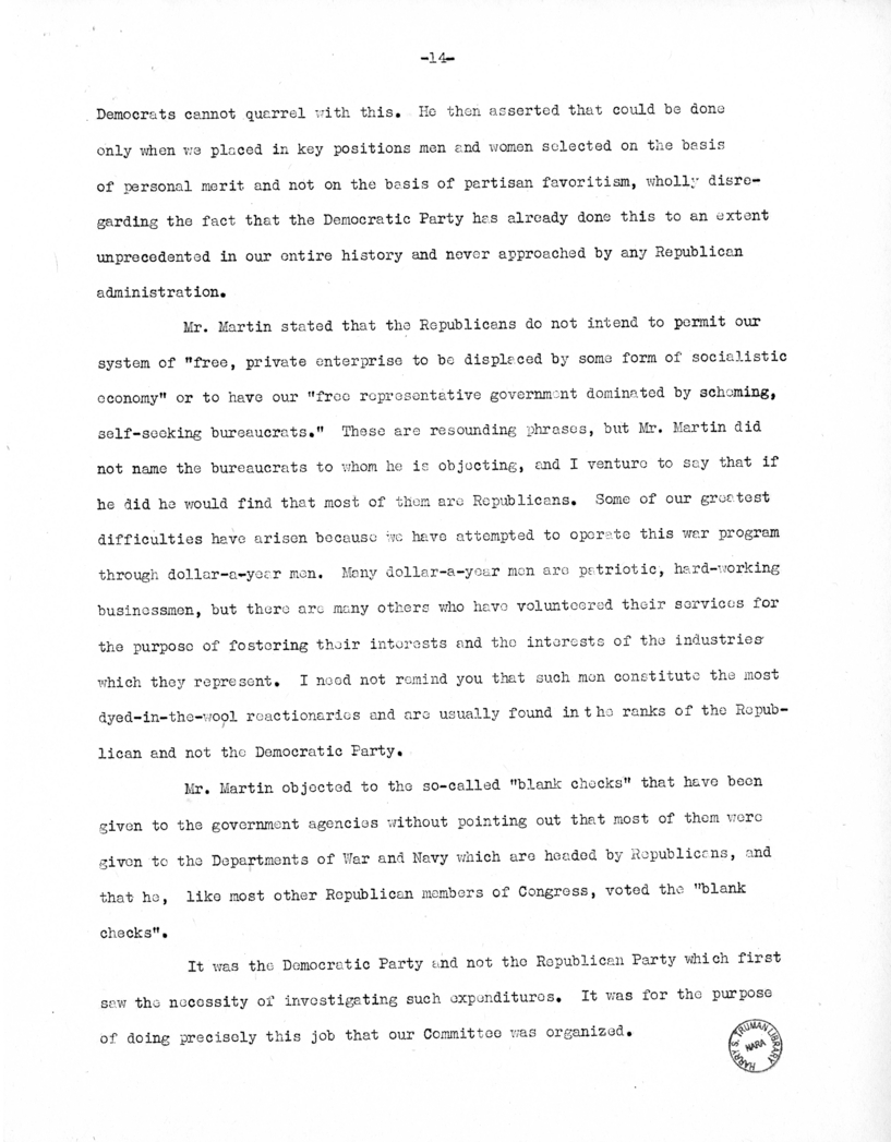 Speech of Senator Harry S. Truman Delivered Before the Democratic Women's Council, Washington, D.C.