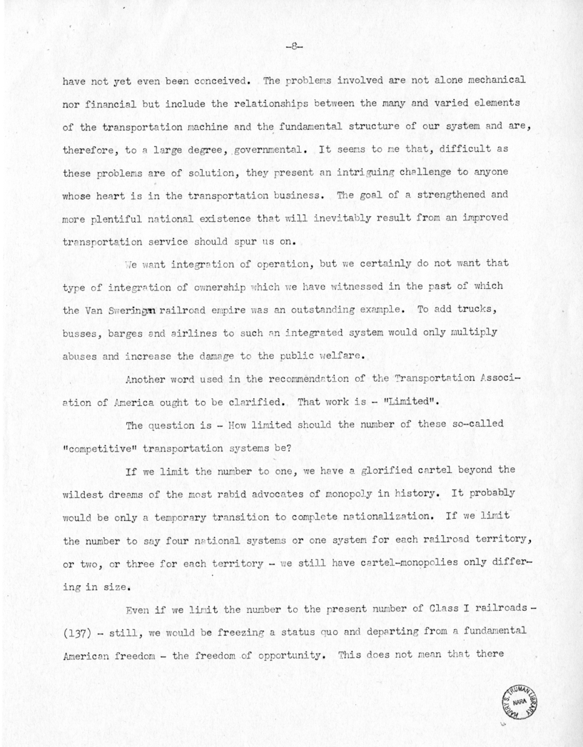 Speech of Senator Harry S. Truman Before the Traffic Club of Baltimore, Maryland