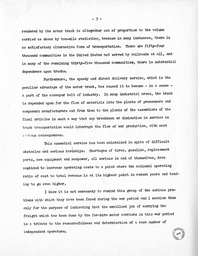 Speech of Senator Harry S. Truman Before the Allegheny County Chapter of the Pennsylvania Motor Truck Association, Pittsburgh, Pennsylvania