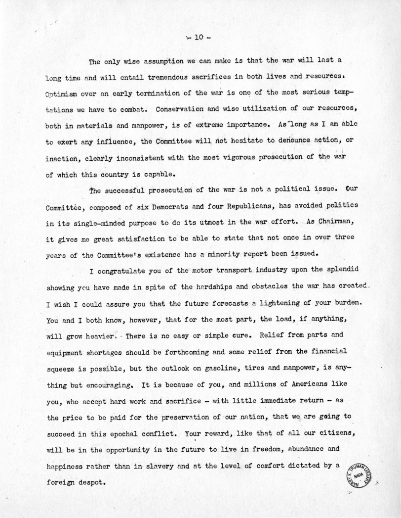 Speech of Senator Harry S. Truman Before the Allegheny County Chapter of the Pennsylvania Motor Truck Association, Pittsburgh, Pennsylvania