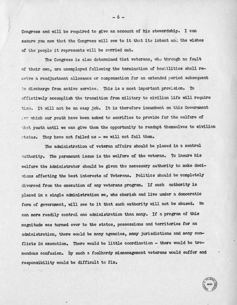 Speech of Senator Harry S. Truman Before the Veterans Employment Service Conference, St. Louis, Missouri