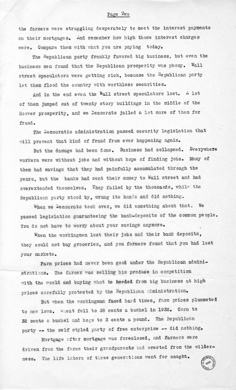 Speech of Senator Harry S. Truman, Democratic Candidate for Vice President, in Peoria, Illinois