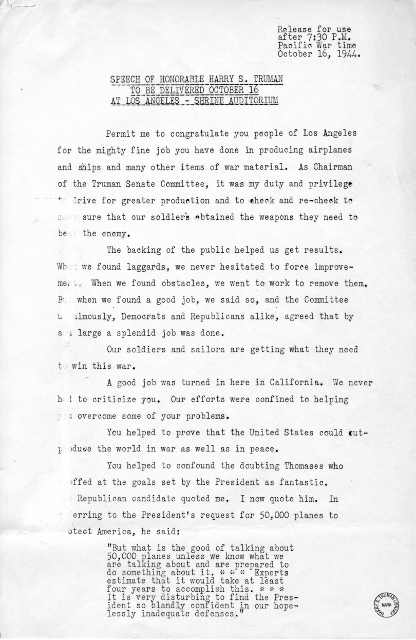 Speech of Senator Harry S. Truman in Los Angeles, California