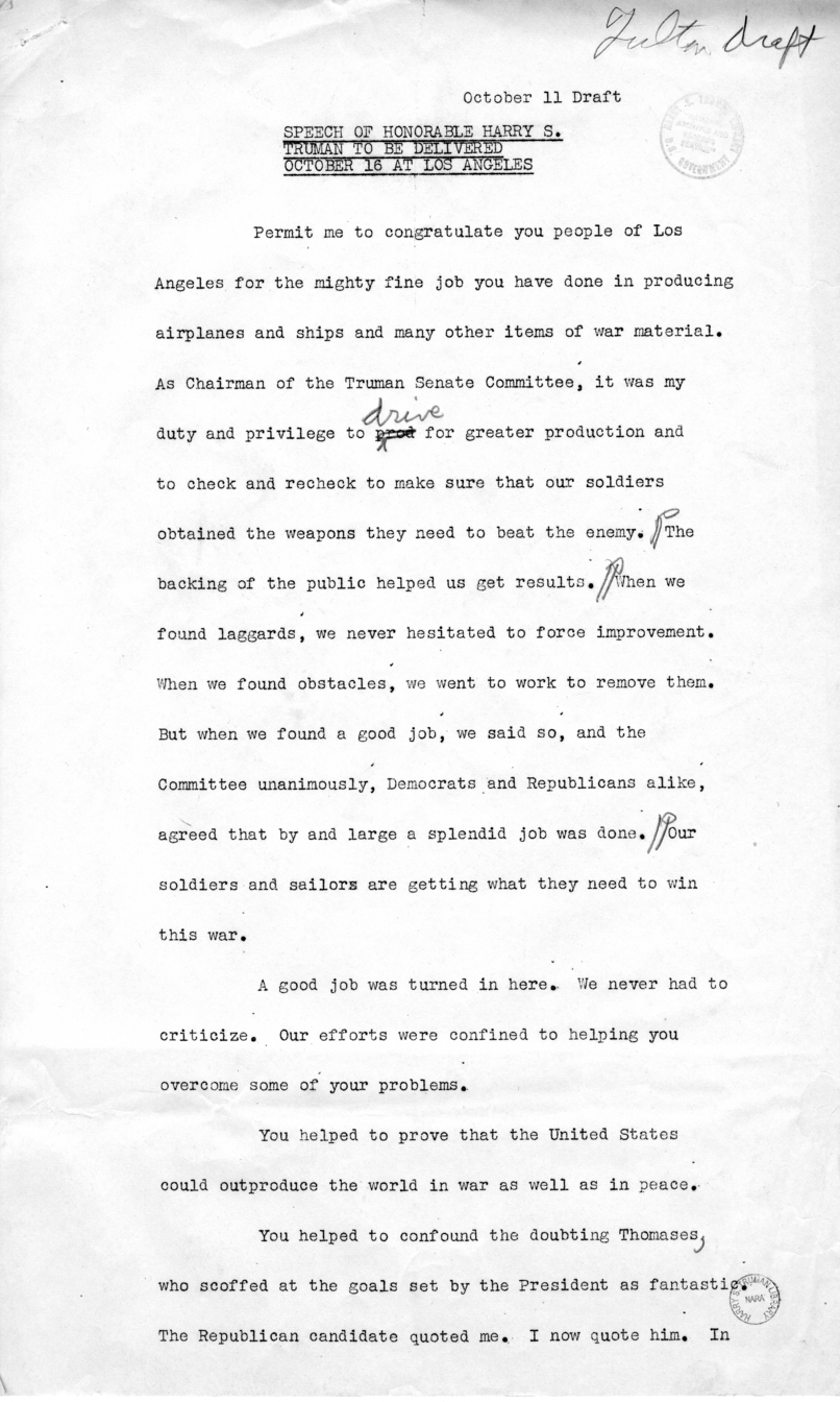 Draft of Speech of Senator Harry S. Truman, Los Angeles, California