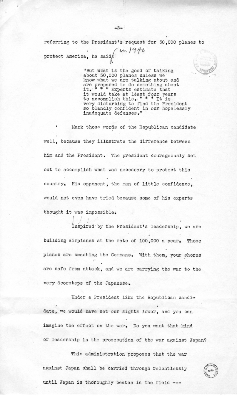 Draft of Speech of Senator Harry S. Truman, Los Angeles, California