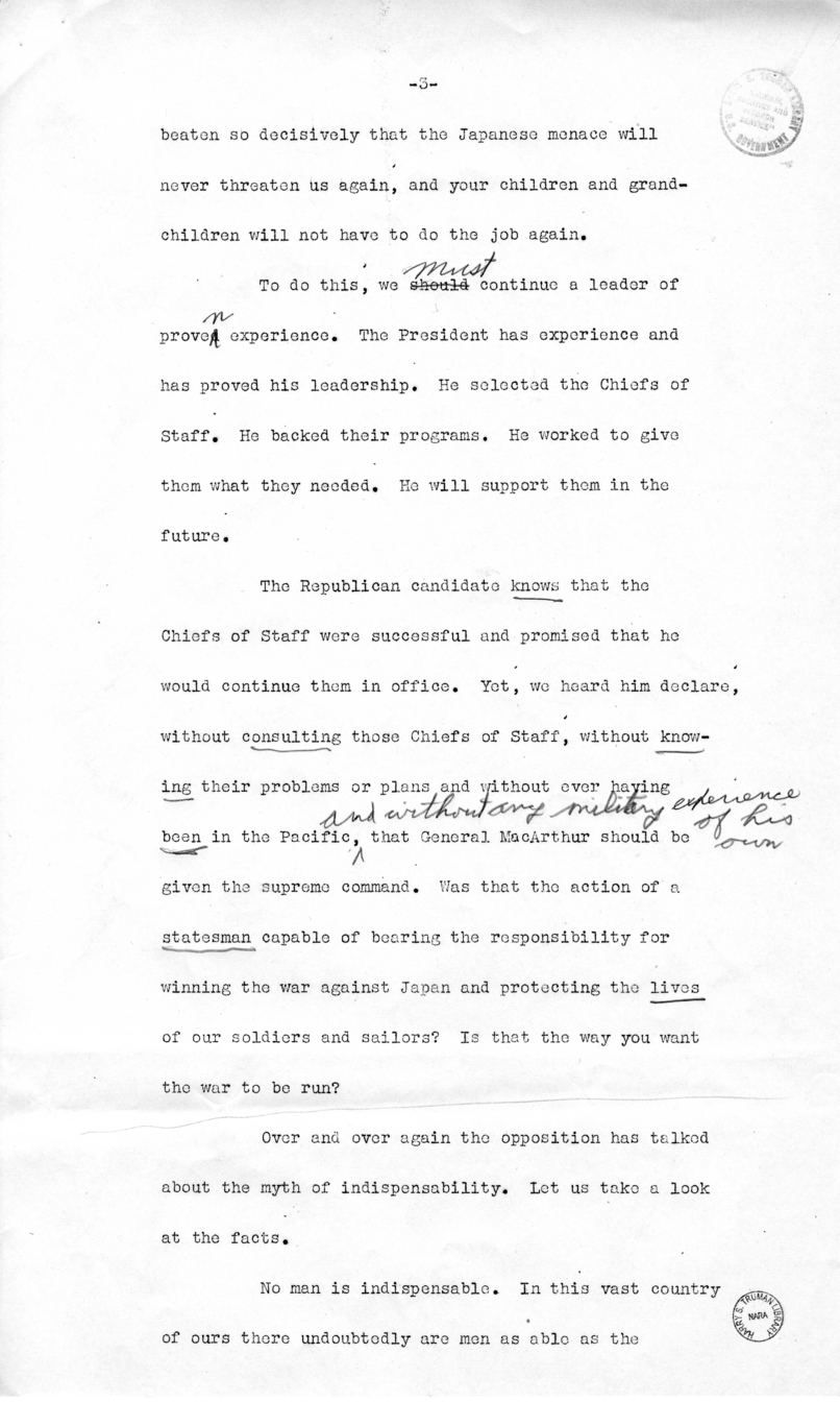 Draft of Speech of Senator Harry S. Truman, Los Angeles, California