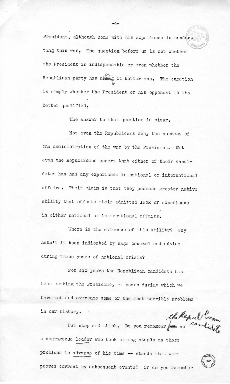 Draft of Speech of Senator Harry S. Truman, Los Angeles, California