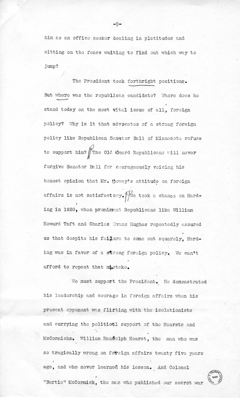 Draft of Speech of Senator Harry S. Truman, Los Angeles, California