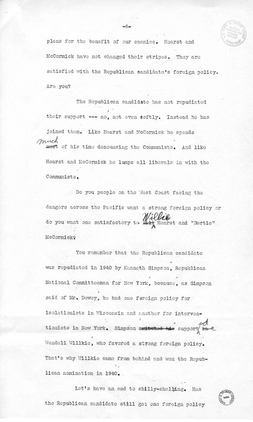 Draft of Speech of Senator Harry S. Truman, Los Angeles, California