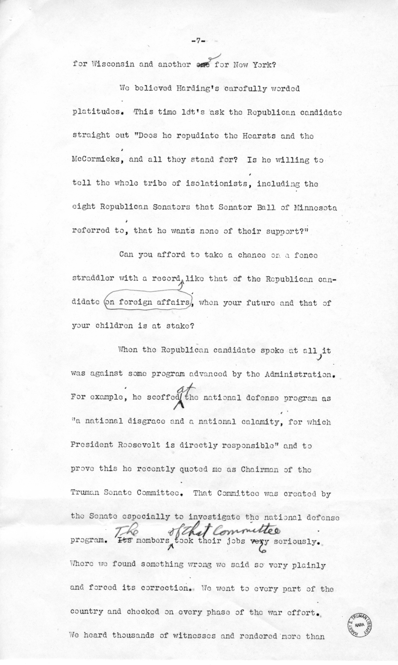 Draft of Speech of Senator Harry S. Truman, Los Angeles, California