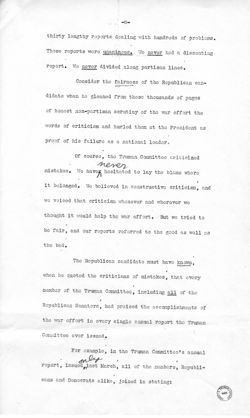 Draft of Speech of Senator Harry S. Truman, Los Angeles, California