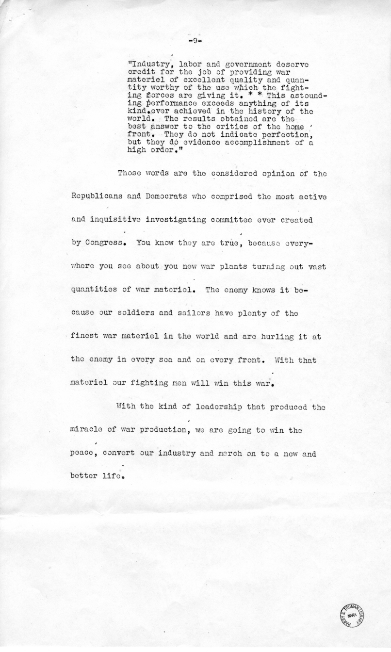 Draft of Speech of Senator Harry S. Truman, Los Angeles, California