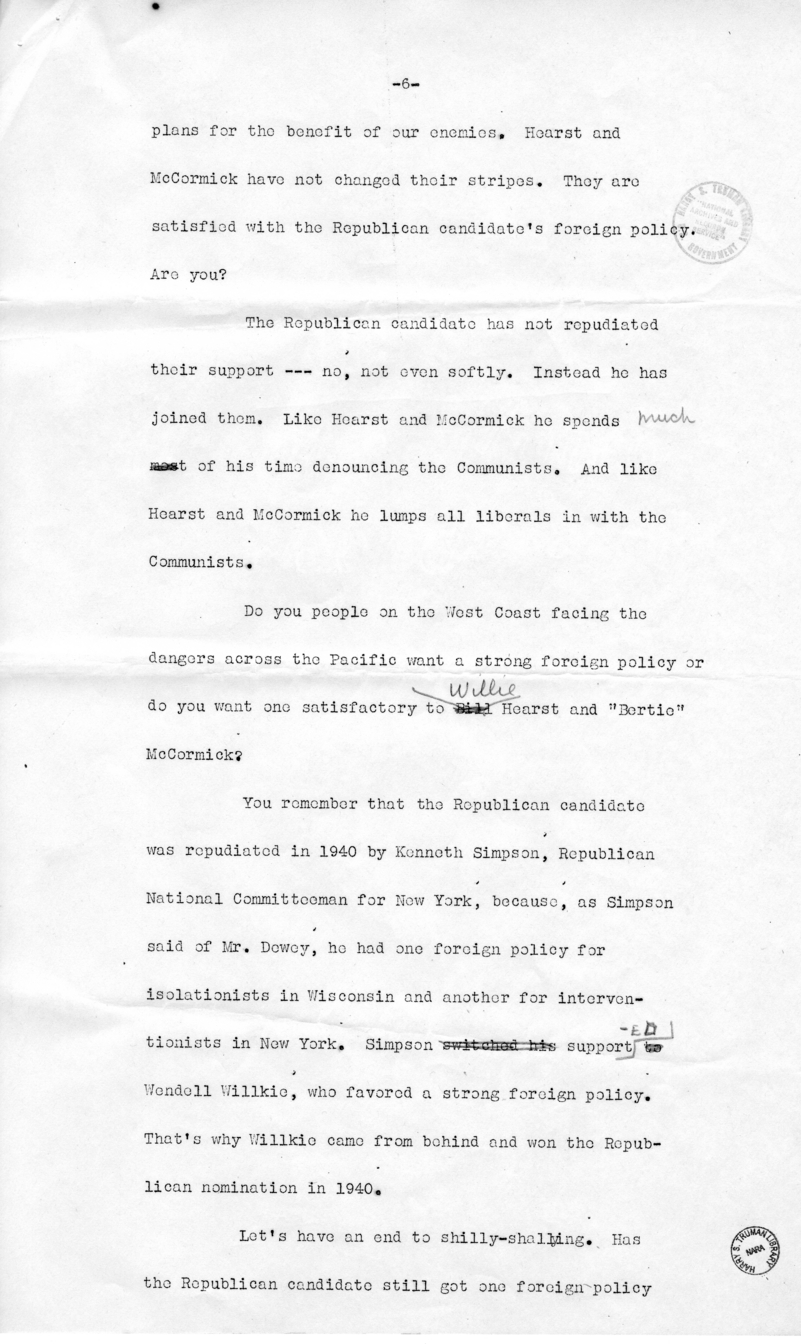 Draft of Speech of Senator Harry S. Truman in Los Angeles, California