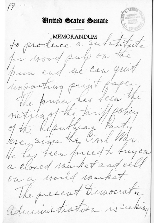 Handwritten Speech Draft of Senator Harry S. Truman