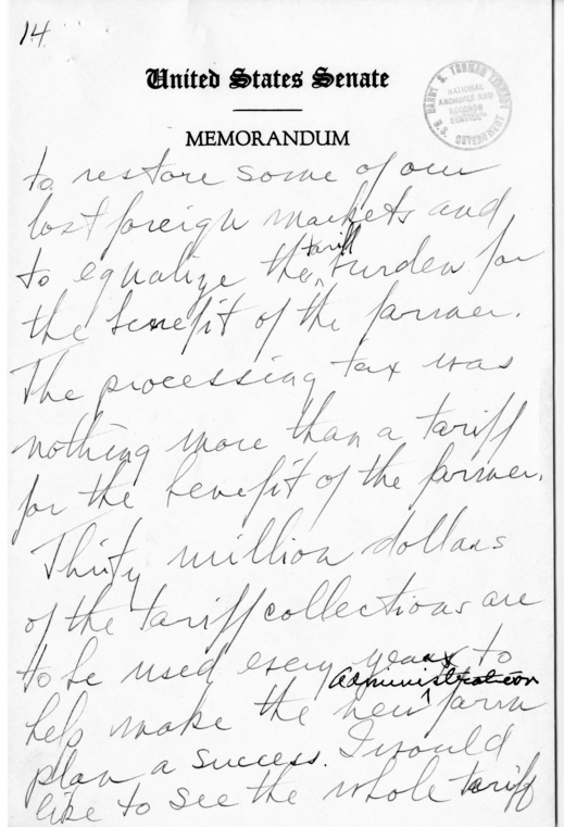 Handwritten Speech Draft of Senator Harry S. Truman