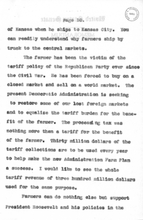 Speech of Senator Harry S. Truman at Jefferson City, Missouri