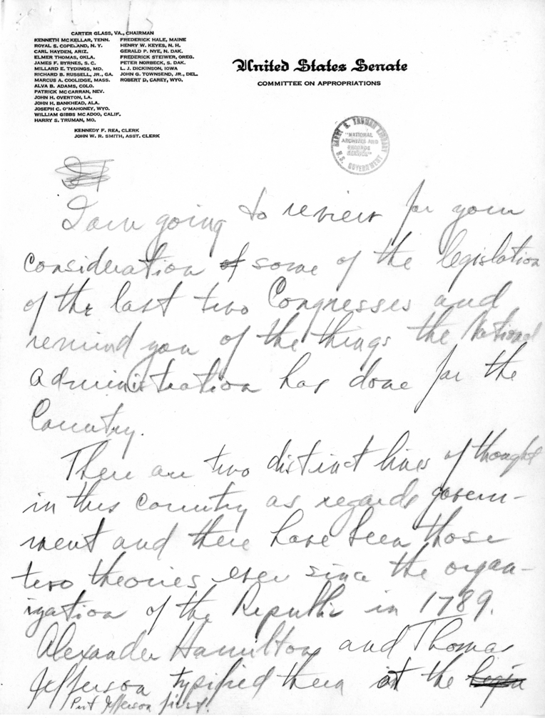 Handwritten Speech Draft and Notes of Senator Harry S. Truman