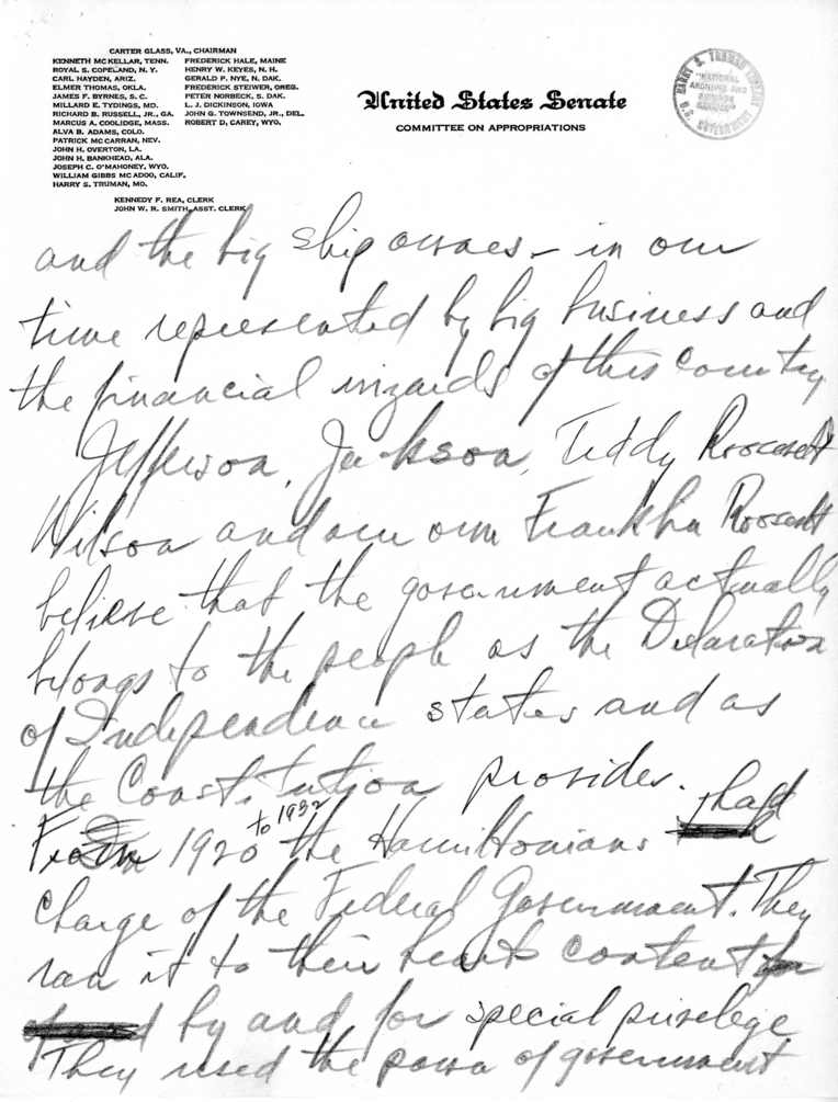 Handwritten Speech Draft and Notes of Senator Harry S. Truman