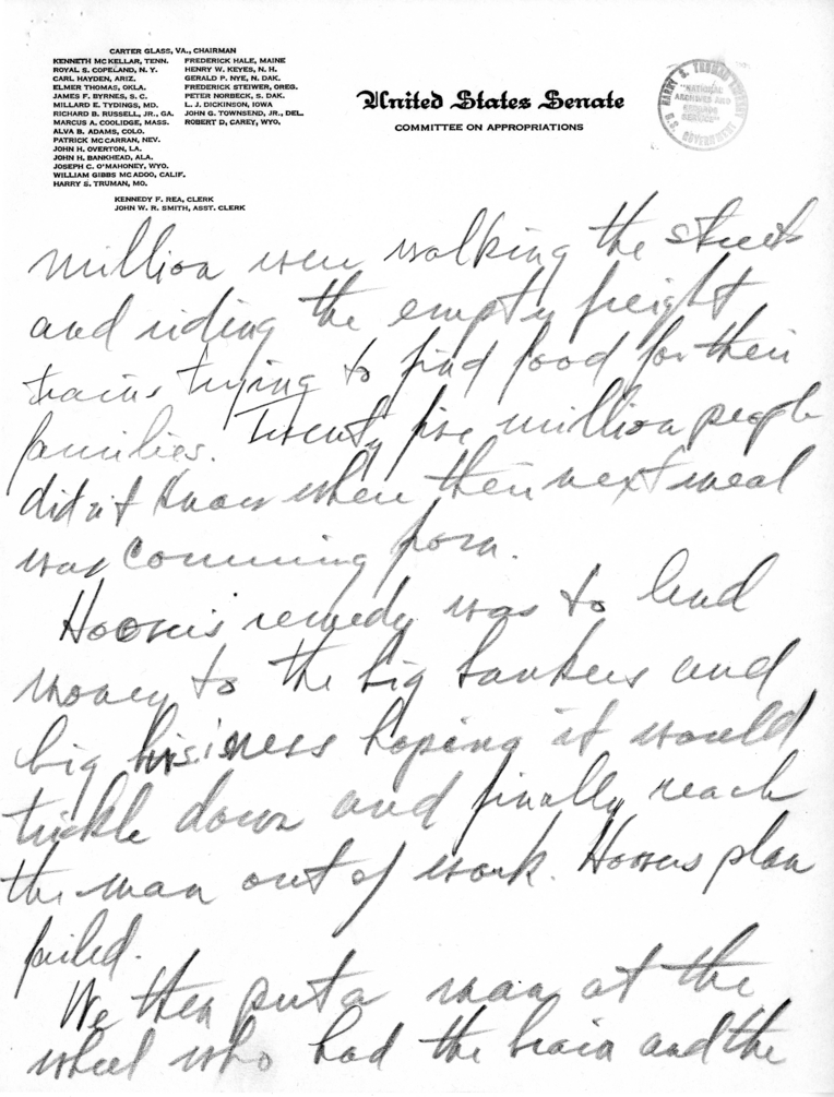 Handwritten Speech Draft and Notes of Senator Harry S. Truman