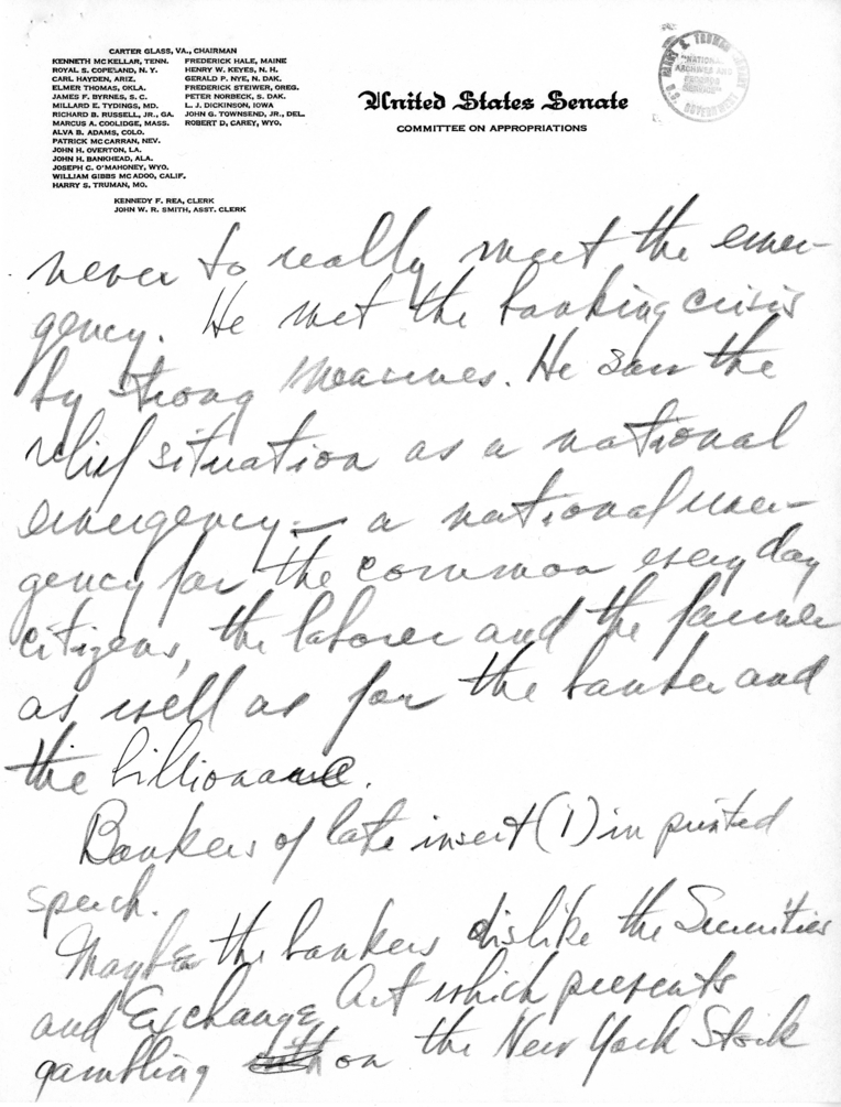 Handwritten Speech Draft and Notes of Senator Harry S. Truman