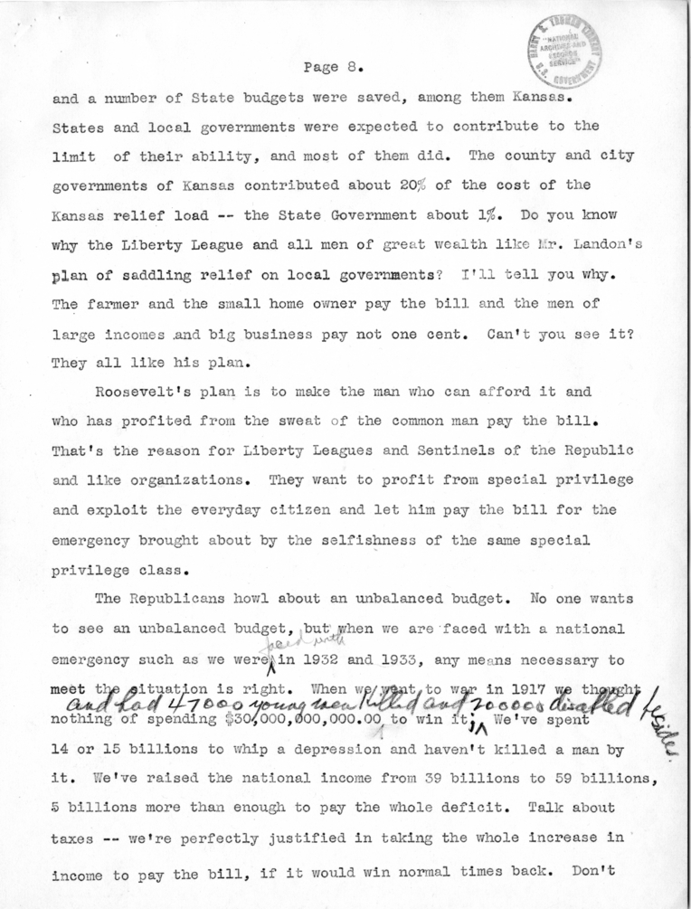 Handwritten Speech Draft and Notes of Senator Harry S. Truman